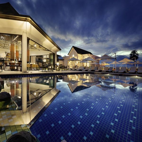 Rooftop infinity pool during sunset